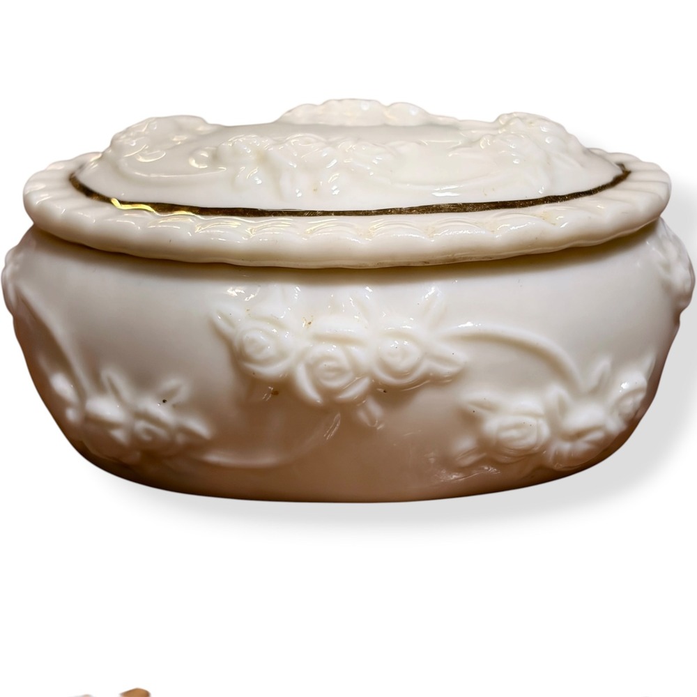 VTG White Milk Glass Trinket Box Rose Floral Gold Trim Oval Micro Trinket Box